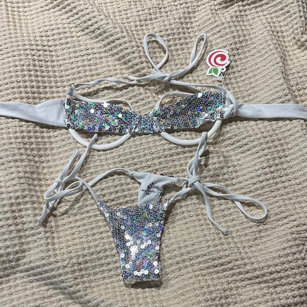 Sequin Tie-Side Bikini Set - White Holographic